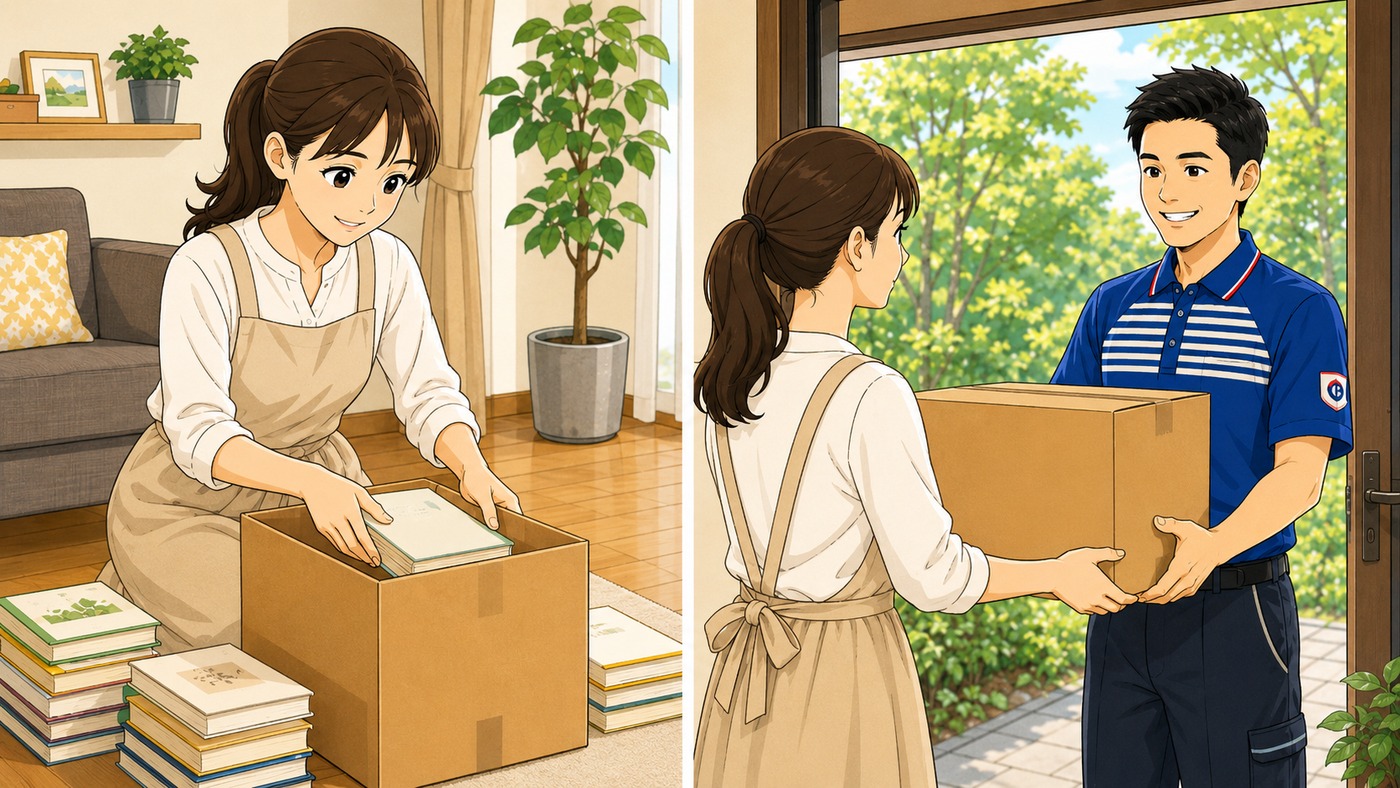 本を段ボールに詰めて、集荷に来た配送スタッフに渡すイメージ