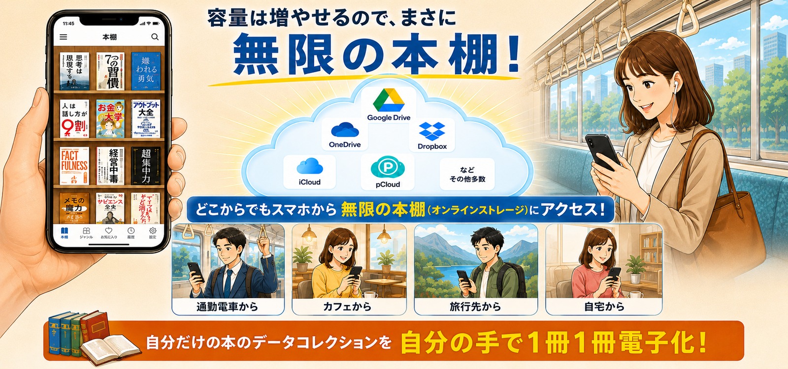 容量は増やせるので、まさに無限の本棚。どこからでもスマホからオンラインストレージにアクセスできます