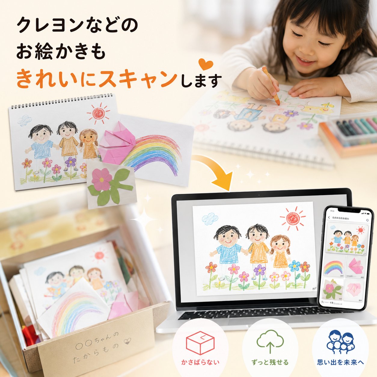 クレヨンなどのお絵かきもきれいにスキャンします。お子さんのクレヨン画や折り紙を貼った作品を色合いそのままにデジタル化