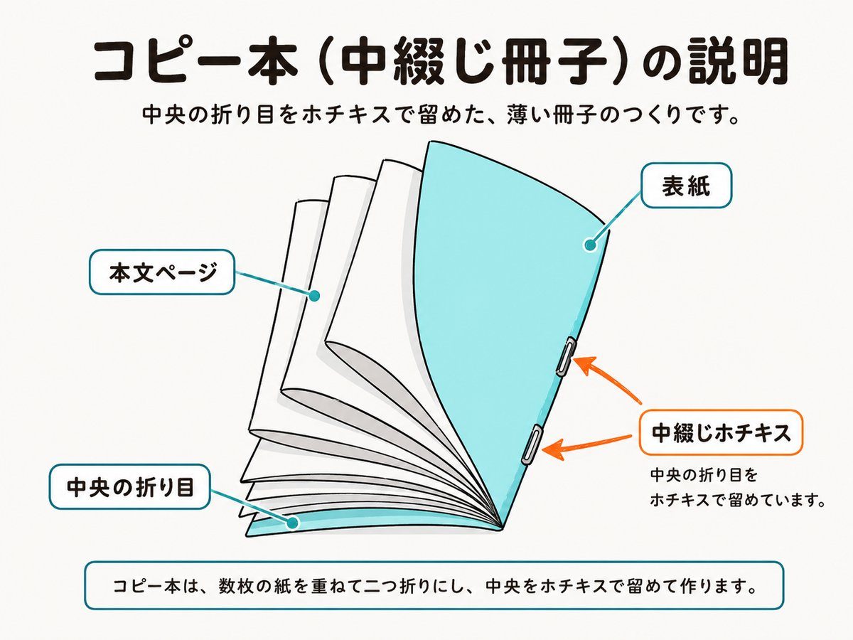 コピー本（中綴じ冊子）とは：紙を重ねて二つ折りにし中央をホチキス留めした冊子の説明図
