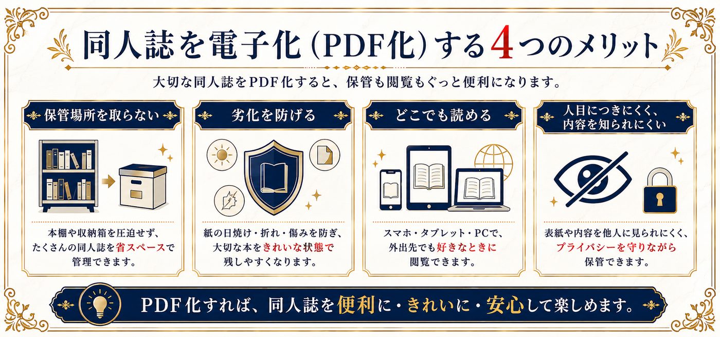 同人誌を電子化（PDF化）する4つのメリット：保管場所を取らない、劣化を防げる、スマホ・タブレット・PCでどこでも読める、人目につきにくく内容を知られにくい