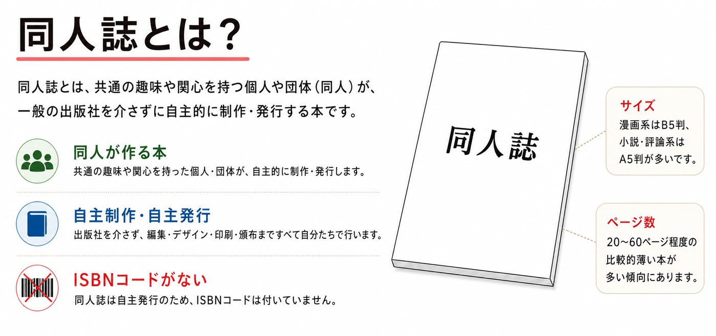 同人誌とは？共通の趣味や関心を持つ個人や団体（同人）が出版社を介さず自主的に制作・発行する本。ISBNコードがなく、漫画系はB5判、小説・評論系はA5判が多く、20〜60ページ程度の薄い本が中心