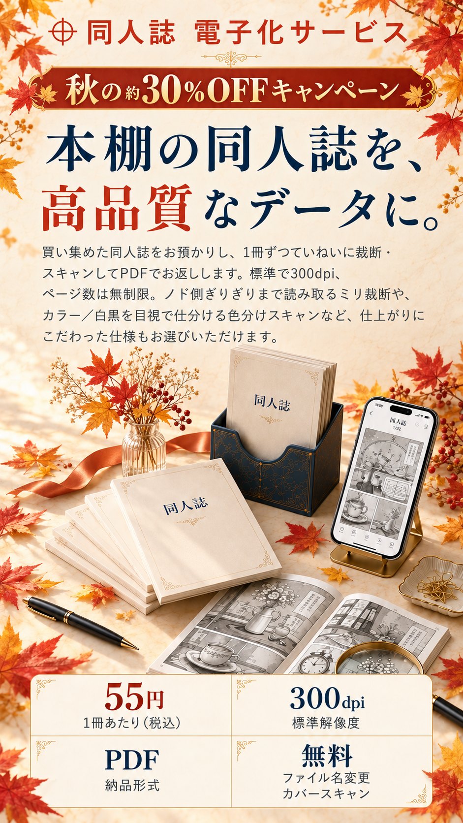 同人誌 電子化サービス「未来同人ラボ」秋の約30%OFFキャンペーン（10月31日まで）。本棚の同人誌を、高品質なデータに。買い集めた同人誌をお預かりし、1冊ずつていねいに裁断・スキャンしてPDFでお返しします。標準で300dpi、ページ数は無制限。ノド側ぎりぎりまで読み取るミリ裁断や、カラー／白黒を目視で仕分ける色分けスキャンなど、仕上がりにこだわった仕様もお選びいただけます。スキャン料金はキャンペーン価格で1冊あたり55円（税込・通常77円）、標準解像度300dpi、ページ数は無制限、ファイル名変更とカバースキャンは無料。PDF形式で納品します。