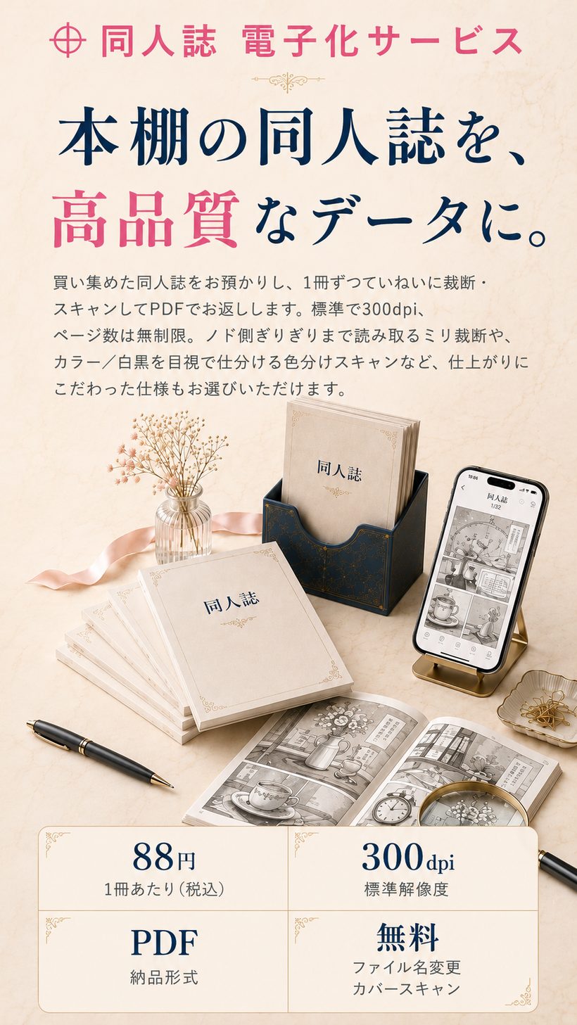 本棚の同人誌を、高品質なデータに。同人誌 電子化サービス「未来同人ラボ」。買い集めた同人誌をお預かりし、1冊ずつていねいに裁断・スキャンしてPDFでお返しします。標準で300dpi、ページ数は無制限。ノド側ぎりぎりまで読み取るミリ裁断や、カラー／白黒を目視で仕分ける色分けスキャンなど、仕上がりにこだわった仕様もお選びいただけます。スキャン料金は1冊あたり88円（税込）、標準解像度300dpi、PDF納品、ファイル名変更とカバースキャンは無料。