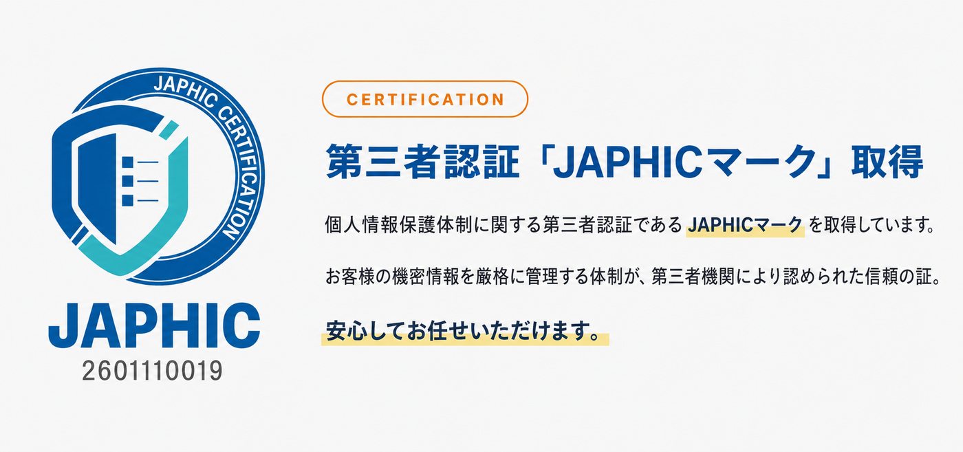 第三者認証「JAPHICマーク」取得（認証番号 2601110019）。個人情報保護体制に関する第三者認証であるJAPHICマークを取得しています。お客様の機密情報を厳格に管理する体制が第三者機関により認められた信頼の証です