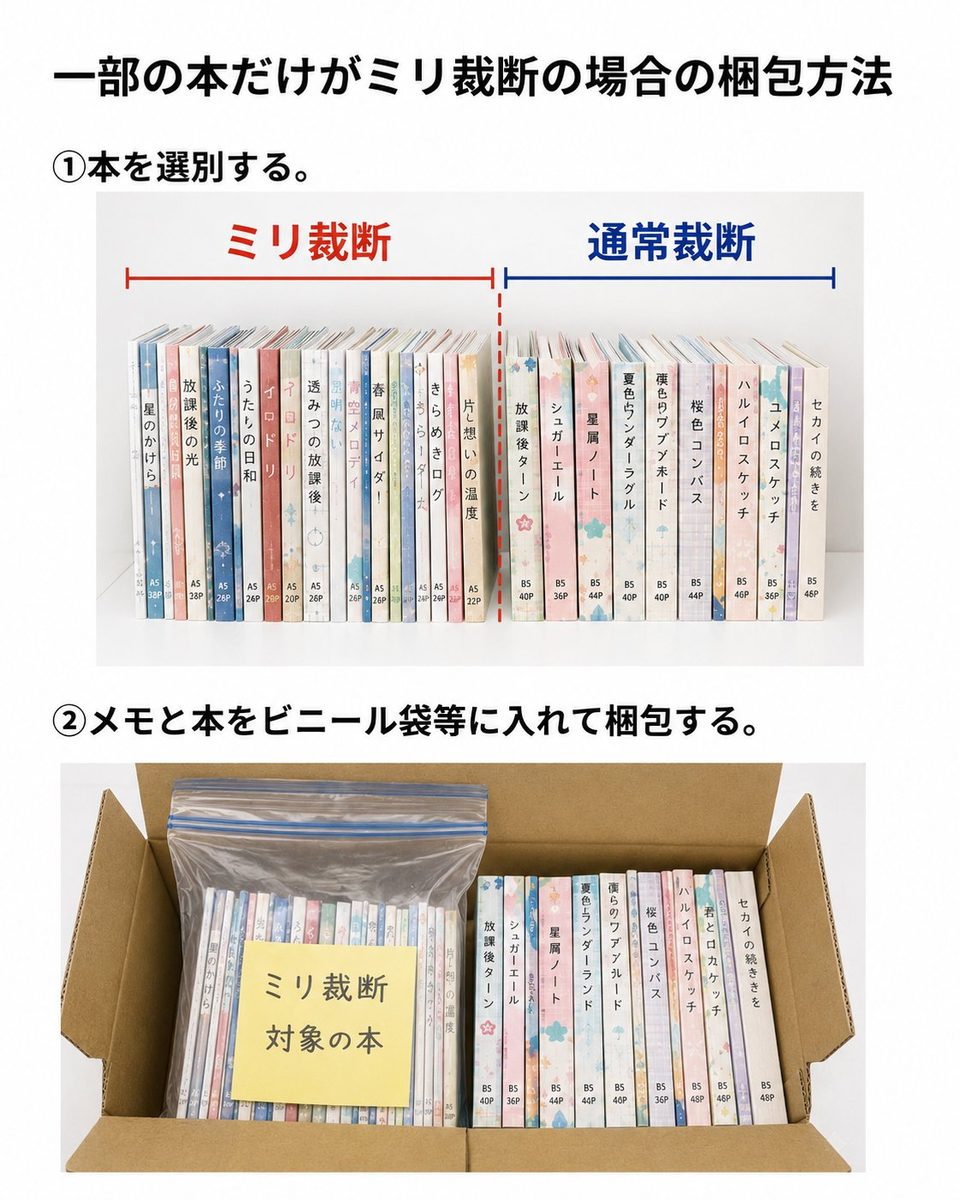 一部の本だけミリ裁断を希望する場合の梱包方法：対象の本をまとめてメモを添え袋に分ける