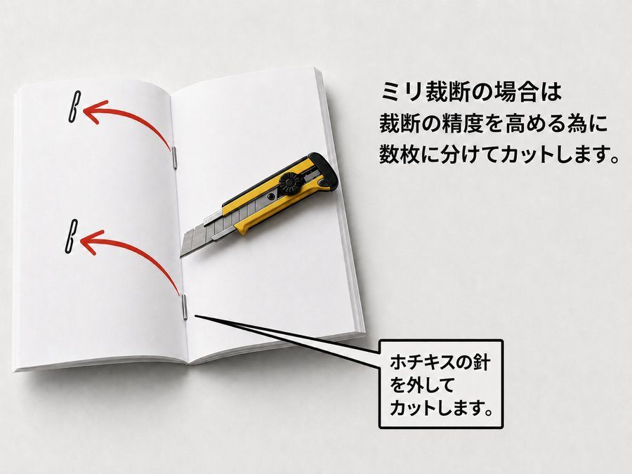 ミリ裁断は裁断の精度を高めるため数枚に分けてカットし、ホチキスの針を外してからカットします