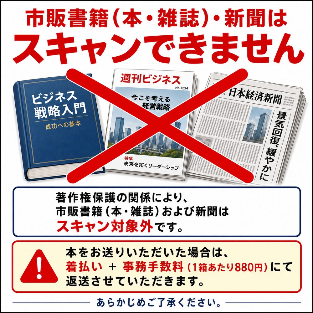 市販書籍（本・雑誌）・新聞はスキャンできません。著作権保護の関係によりスキャン対象外です。お送りいただいた場合は着払い＋事務手数料1箱880円にて返送させていただきます