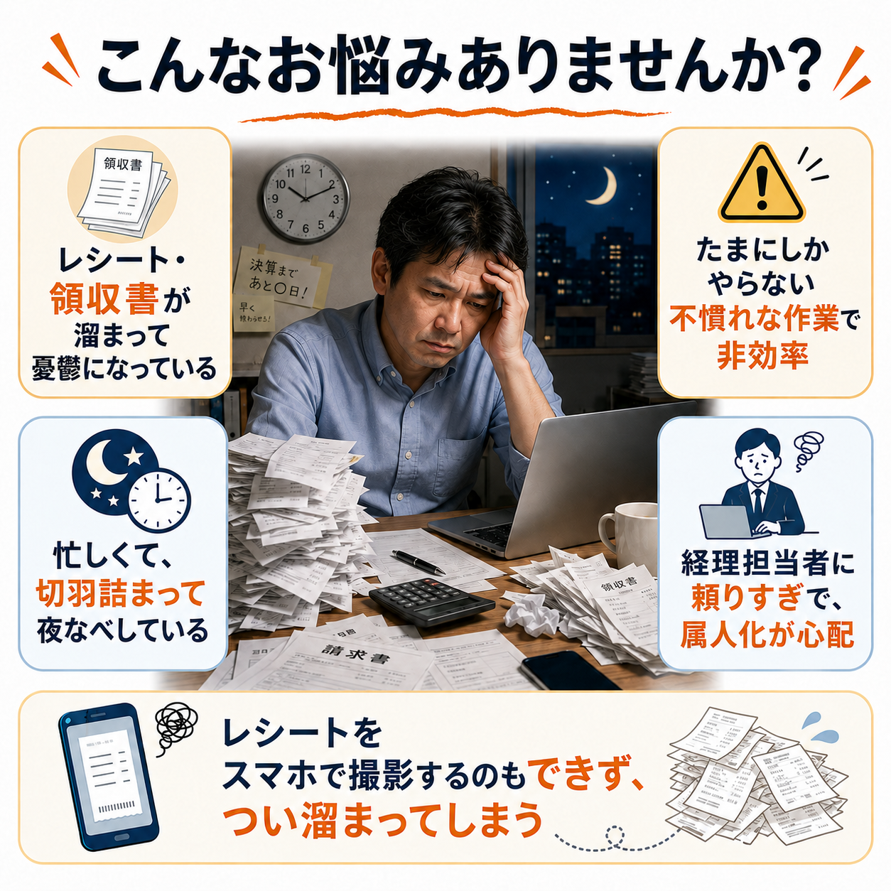 こんなお悩みありませんか？レシート・領収書が溜まって憂鬱になっている、たまにしかやらない不慣れな作業で非効率、忙しくて切羽詰まって夜なべしている、経理担当者に頼りすぎで属人化が心配、レシートをスマホで撮影するのもできずつい溜まってしまう。